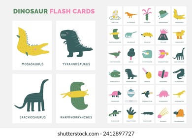 Jurassische Dinosaurier-Taschenkarten aus der Zeit. Englische Wörter für Kinder lernen. Klare, handgezeichnete Doodle-Lehrkarte mit Dino. Vorschulunterricht. Funny Extintinted Animal Card für den Druck