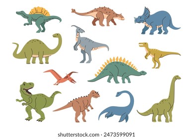 Jurassic period dinosaurs of different types. Vector isolated extinct animals species with long necks, thorns and claws. Flying and marine dino, prehistoric personages with fins and wings