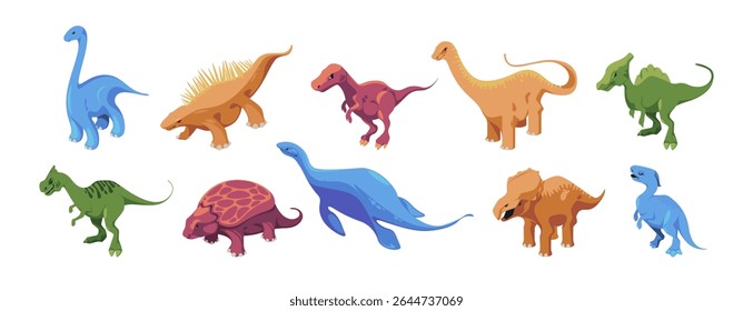 Dinossauros do período jurássico de diferentes tipos. Espécies de animais extintos isoladas por vetores com longos pescoços, espinhos e garras. Dinos marinhos e terrestres isométricos, personagens pré-históricos com barbatanas e asas