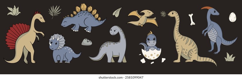 Jurassic period dinosaurs set. Cartoon ancient reptiles