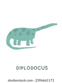 Jurassic period diplodocus dinosaur flashcard. Learning English words for kids. Cute hand drawn doodle educational card with dino. Preschool learning material. Funny extinct animal card for print