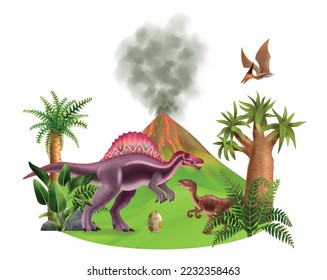 Jurassic period landscape composition with realistic dinosaurs egg volcano and ancient plants vector illustration