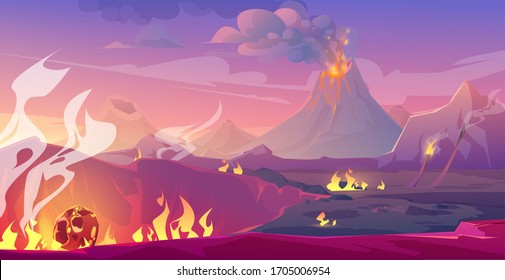 Jurassic period landscape with erupted volcano and fallen meteor. Vector cartoon illustration of prehistoric Earth surface with meteorite crater, fire, lava flows and smoke