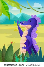 Jurassic period landscape with walking blue dinosaur.