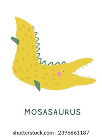 Jurassic period mosasaurus dinosaur flashcard. Learning English words for kids. Cute hand drawn doodle educational card with underwater dino. Preschool learning material. Funny extinct animal card for