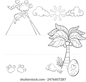 Jurassic period nature frame, vector elements, nature, black volcano, palm in cartoon style. Dinosaurs egg