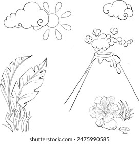 Jurassic period vector elements, nature, black volcano, palm leaves in cartoon style. Background