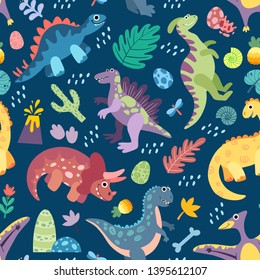 Jurassic prehistoric cute dinosaurs seamless pattern on dark blue background. Background, wallpaper, textile, fabric with funny cartoons dino.