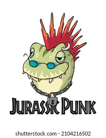Jurassic punk t-shirt decoration with dinosaur with mohawk hair dress
