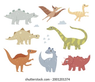 Jurassic reptiles. Pastel colors. Brachiosaurus, ptereosaurus, tyrannosaurus, spinosaurus, talarus.Cute flat dinosaur set. 