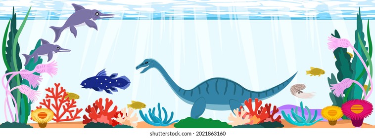Jurassic sea dinosaurs. Horizontal background material.