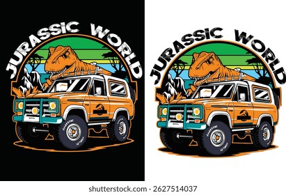 Camiseta Jurássica (Dianosor, vetor, árvore, vintage cor) Design de camiseta vibes ao ar livre.