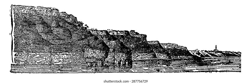 Jurassic visible means land on the cliffs of Calvados, vintage engraved illustration. Earth before man  1886.