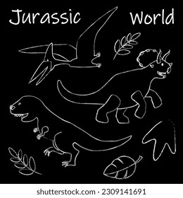 Jurassic world dinosaurs with white outline on a black background. Chalkboard. Cartoon vector illustration.