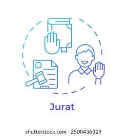 Icono de concepto de degradado azul Jurat. Ceremonia de juramento. Juramento mano, declaración jurada. Sistema judicial. Ilustración de línea de forma redonda. Abstractas idea. Diseño gráfico. Fácil de usar en infografía, presentación