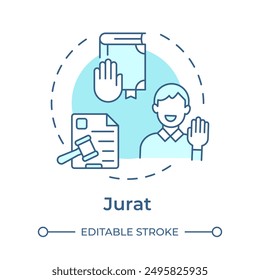 Jurat soft blue concept icon. Swearing ceremony. Oath hand, affidavit. Judicial system. Round shape line illustration. Abstract idea. Graphic design. Easy to use in infographic, presentation