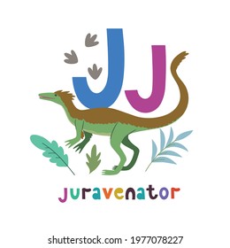 Juravenator. Cute cartoon hand drawn illustration with dinosaur and J letter. Vector illustration