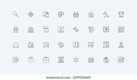 Juridical document, criminal in jail prison and evidence thin black outline symbols vector illustration. Justice law, court legal with judge lawyer, attorney and prosecutor line icon set