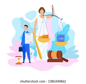 Juris Doctor Degree Program Vector Illustration. Lawyer Holding Insurance Contract Cartoon Character. Faceless Roman Goddess. Legal Book and Money in Scales. Balance Metaphor. Woman with Sword