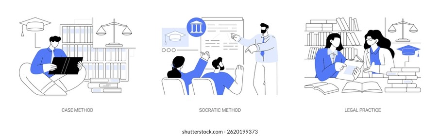 Juris Doutor ilustrações isoladas do vetor de desenhos animados. Doutor de Jurisprudência prática estudo de caso método, abordagem socrática, fazendo perguntas, prática legal sob supervisão vetor cartoon.