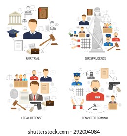 Jurisprudence fair trial process with legal defense and convict 4 flat icons composition abstract isolated vector illustration