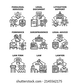 Jurisprudence Help Set Icons Vector Illustrations. Jurisprudence Litigation Support And Legal Advice, Law Firm And Paralegal Services, Lawyer Document And Forensics Black Illustration