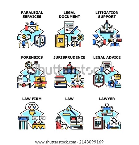 Jurisprudence Help Set Icons Vector Illustrations. Jurisprudence Litigation Support And Legal Advice, Law Firm And Paralegal Services, Lawyer Document And Forensics Color Illustrations
