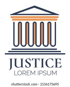 Jurisprudence and justice in court, law firm offering lawyers and advocates, barristers and judges to solve case and punish criminals. Emblem or label, badge or logotype. Vector in flat style