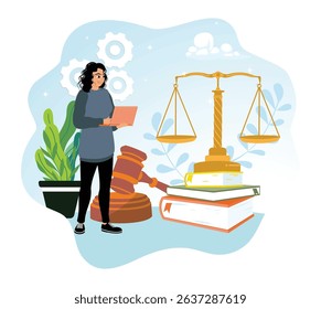 Jurisprudence and law. Female lawyer studying legal information with laptop, gavel, scales of justice, and books.