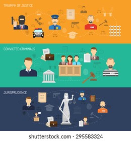 Jurisprudence legal process theory and practice flat horizontal banners set with convicted criminals abstract isolated vector illustration