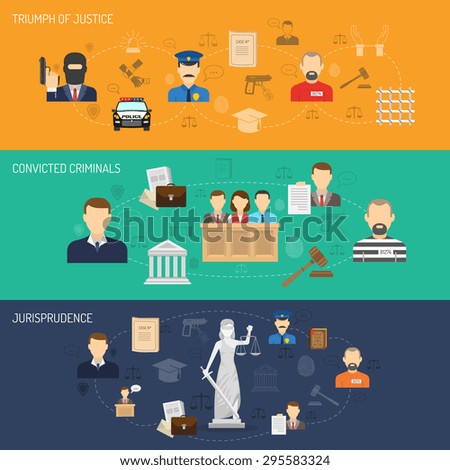 Jurisprudence legal process theory and practice flat horizontal banners set with convicted criminals abstract isolated vector illustration