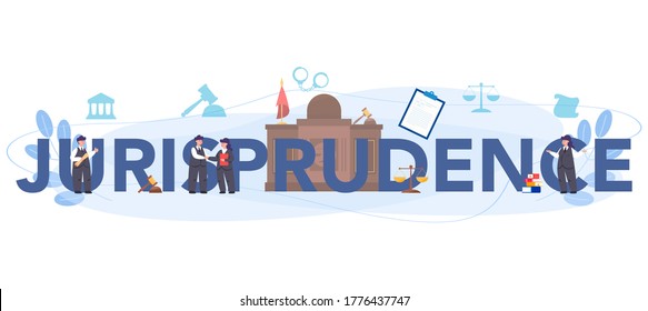 Jurisprudence typographic header concept. Punishment and judgement. Guilt and innocence idea. Law advisor or consultant, advocate defending a customer. Vector illustration in cartoon style