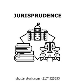 Jurisprudence Vector Icon Concept. Jurisprudence Job For Protect In Court And Jury Trial In Courtroom Building. Law Book And Constitution Researching Advocate For Protect Defendant Black Illustration