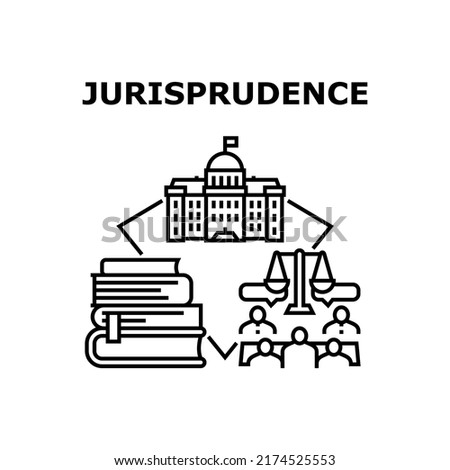 Jurisprudence Vector Icon Concept. Jurisprudence Job For Protect In Court And Jury Trial In Courtroom Building. Law Book And Constitution Researching Advocate For Protect Defendant Black Illustration