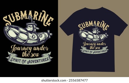 Jurney under the sea. Submarine t-shirt design.