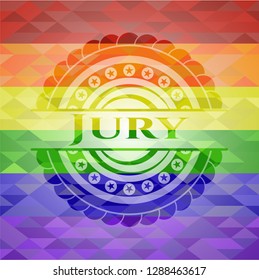 Jury emblem on mosaic background with the colors of the LGBT flag