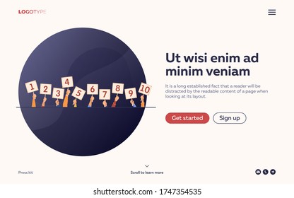 Jury giving evaluation and showing scorecards. Set of human hands holding cards with numbers, amount of scores, points. Vector illustration for competition, contest, judge, feedback, game concept