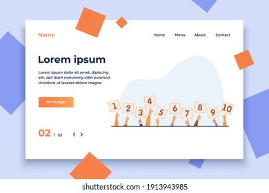Jury giving evaluation and showing scorecards. Set of human hands holding cards with numbers, amount of scores, points. Vector illustration for competition, contest, judge, feedback, game concept