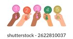 Jury hands holding scoring cards with 1, 2, 3, 4, 5 grades. Judging competition with numbers on scorecards, evaluating, rating in contest, game. Flat vector illustration isolated on white background