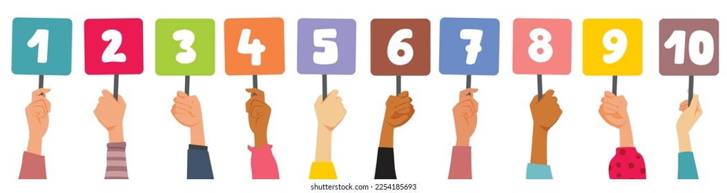 
Jury Holding Signs with Numbers and Scores Vector Cartoon Illustration. People judging a competition giving feedback and grades 
