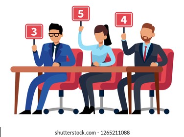 Jury judges holding scorecards. Quiz people show. Professional competition judges, trivia game jury vector cartoon illustration