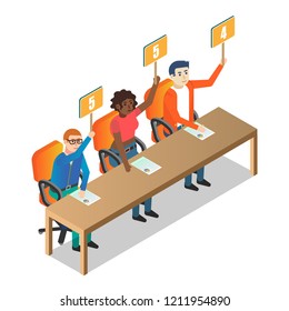 Jury judges holding scorecards. Vector isometric illustration. People holding tablets with numbers. Competition, quiz, exam concept.