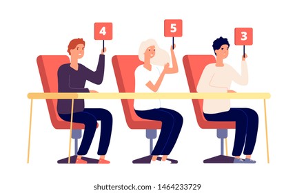 Jury Judges. People Holding Scorecard With Numbers, Evaluation Show Competition. Voting Verdict, Jury Contest Rating Vector Concept. Jury Competition Scorecard, Committee Man And Woman Showing Rating