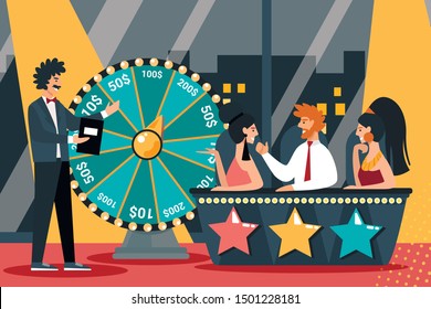 Jury Judges Sitting At Desk With Stars Near Wheel Of Fortune In Studio With Host And City View Background. Quiz People Show. Professional Competition, Trivia Game. Cartoon Flat Vector Illustration