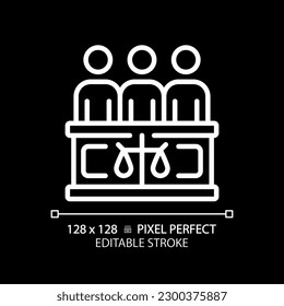 Jury in law court pixel perfect white linear icon for dark theme. People group listening to facts of trial case. Thin line illustration. Isolated symbol for night mode. Editable stroke