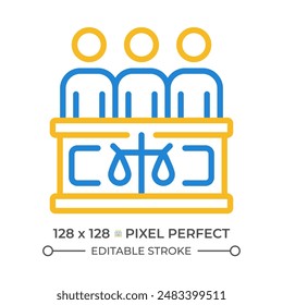 Jury in law court two color line icon. People group listening to facts of trial case. Decision maker bicolor outline symbol. Duotone linear pictogram. Isolated illustration. Editable stroke