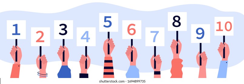 Jury showing cards with amount of scores. Collection of scorecards in human hands, competition judges giving evaluation. Vector illustration for contest, feedback, game, vote concept