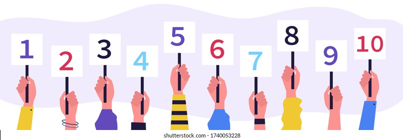 Jury showing cards with amount of scores. Collection of scorecards in human hands, competition judges giving evaluation. Vector illustration for contest, feedback, game, vote concept