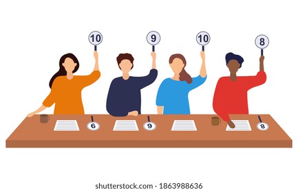 Jury sitting at desk and showing scorecards. Professional estimation on contest. People holding signs with ratings. Cartoon flat vector illustration with fictional characters