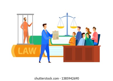 Jury Trial Process Cartoon Vector Illustration. People in Court Making Decision. Criminal Defense Lawyer Protecting Charged Customer. Plaintiff, Public Prosecutor, Barrister, Criminal in Cage